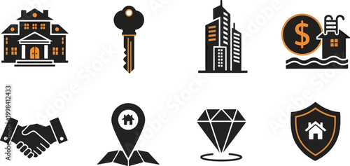 Luxury Real Estate and Property Management Icon Set with Mansion, House Key, Skyscraper, Diamond, and Home Security Symbols in Orange and Black