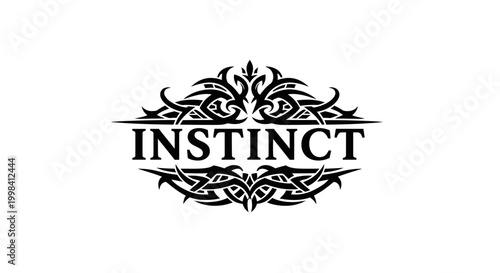 Instinct word with decorative tribal design elements in black and white.