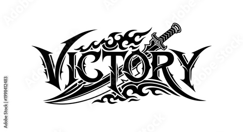 Victory word art with sword and tribal design.