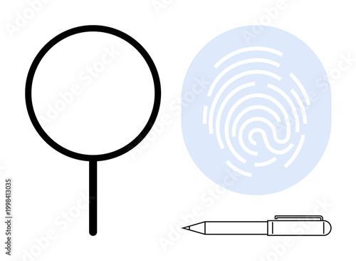 Investigation, identity verification, digital security, research tools, authentication, forensic analysis. Magnifying glass, fingerprint and pen in minimal style. Investigation and identity