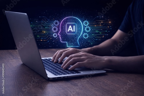 Close-up of hands typing on laptop, glowing artificial intelligence graphic in dark background. Technology, innovation, and futuristic design showcase.