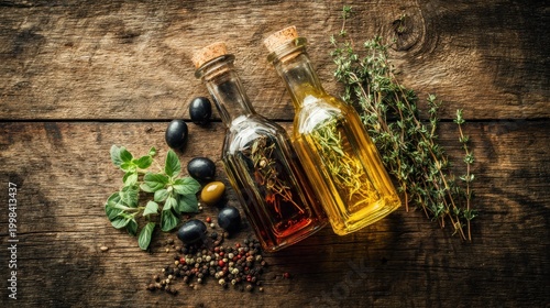 Olive oil and vinegar bottles with herbs on a rustic wooden tabletop