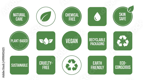 Eco-Friendly Labels: An array of eco-friendly labels in various shapes, each conveying a message of environmental responsibility, health consciousness, and sustainable practices.