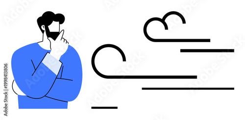 Creativity, brainstorming, abstract thinking, innovation, problem solving, conceptual design. A man ponders while wind lines suggest movement or ideas. Creativity and brainstorming concept