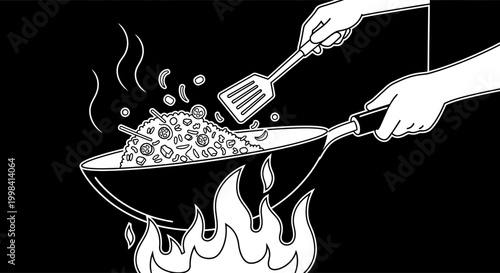 Chef cooking stir-fry in a wok over an open flame.