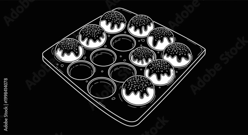 Delicious Takoyaki Balls Cooking in a Traditional Japanese Pan.