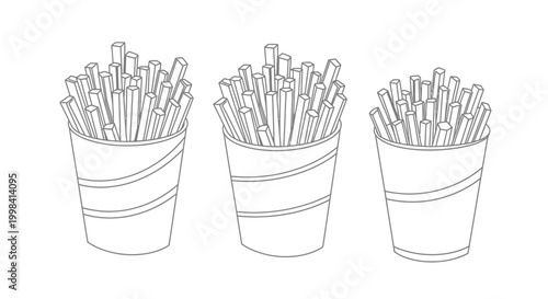 Three hand-drawn buckets of crispy french fries a classic fast food snack.