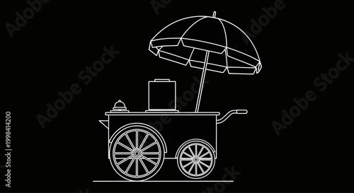 Outline drawing of a vintage food cart with an umbrella.