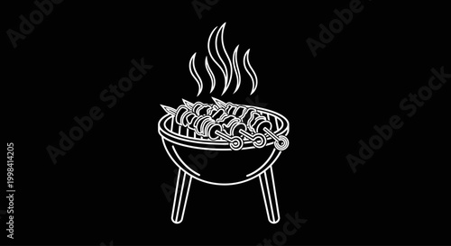 Outline illustration of a barbecue grill with skewers and smoke.
