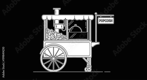 Classic Popcorn Cart Illustration on Black Background.