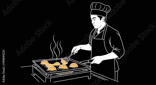 Professional chef expertly grilling food on a flat top griddle.