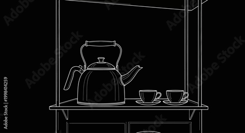 Elegant Teapot and Cups on a Shelf Minimalist Outline Drawing.