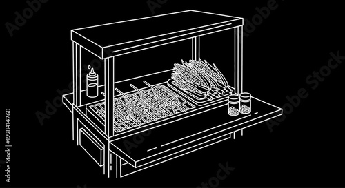 Detailed Line Art Illustration of a Food Stall with Skewers and Vegetables.