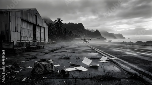 Dramatic cinematic black and white shot of an abandoned tropical hangar and a small propeller plane on a foggy runway with scattered papers