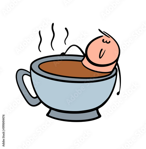 Cartoon relaxed man takes a hot coffee bath in a huge cup. Vector illustration of a man in an unusual spa salon drinking tea and taking a break from work. It floats in the water.