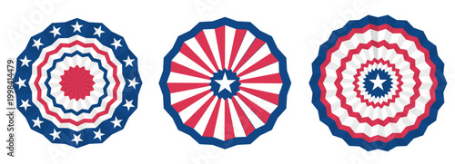 Paper fans and stars in American colors. Circle bunting garlands in red, white, and blue.patriotic decoration. July 4, independence day. for design poster, brochure, banner, website.