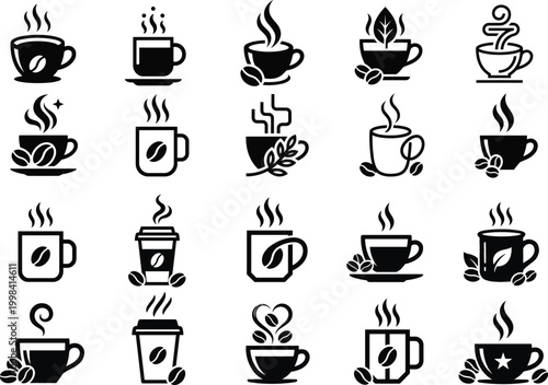 Set of Minimalist Coffee and Tea Icon Vectors for Cafe Branding Web Design and Print Media
