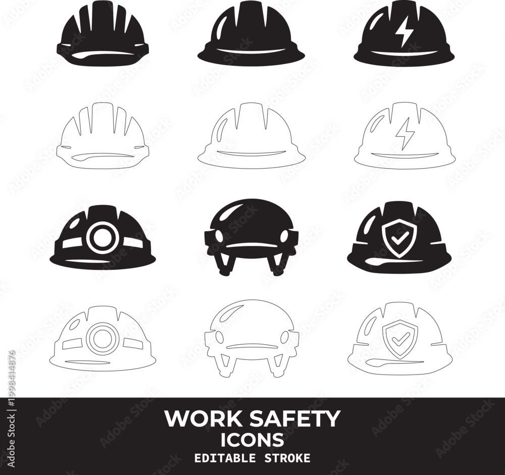 Fototapeta premium Work Safety Black Vector Icon Set – Industrial Protection & Workplace Safety Symbols