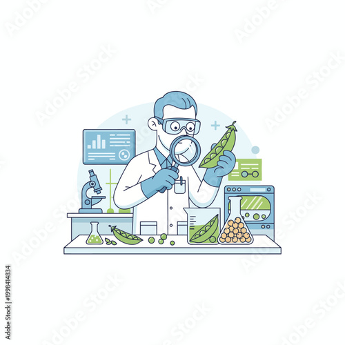 Agricultural Scientist Researching Pea Pods in Lab Vector - Biotechnology, Food Quality Control and Plant Genetics Illustration