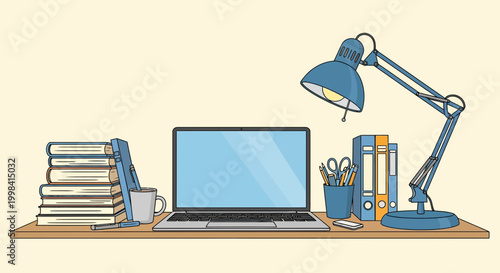 Vector illustration of a student workspace featuring an open laptop computer, a stack of textbooks, a blue swing arm desk lamp, stationery in a holder, and a coffee mug on a desk.