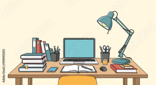 Vector illustration of a student desk featuring an open laptop, stack of textbooks, adjustable desk lamp, notebook with pen, smartphone, and stationery in a clean workspace setup.