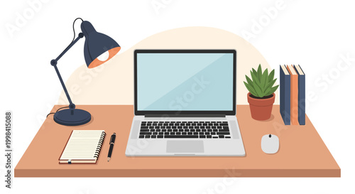 Flat vector illustration of a home study desk featuring an open laptop with a blank screen, adjustable desk lamp, spiral notebook, pen, computer mouse, potted plant, and books on a table.