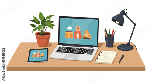 Flat vector illustration of a modern workspace with an open laptop, digital tablet, green potted plant, black adjustable lamp, spiral notebook, pen, and colored pencils on a wood desk.