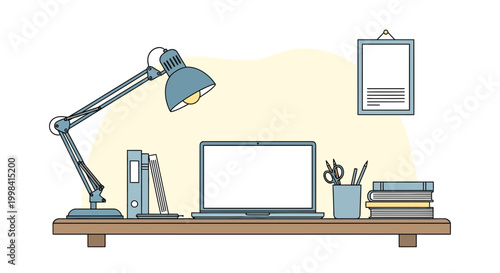 Minimalist vector illustration of a student desk setup featuring a laptop with a blank screen, adjustable desk lamp, books, binder, pencil cup with scissors, and wall frame.