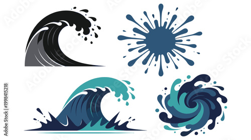 Ocean wave and liquid water splash icons set isolated on white background shapes.