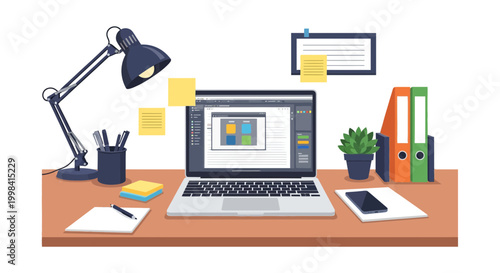 Professional office desk flat vector illustration with open laptop computer, adjustable navy lamp, yellow sticky notes, ring binders, succulent plant, and smartphone on a wood surface.