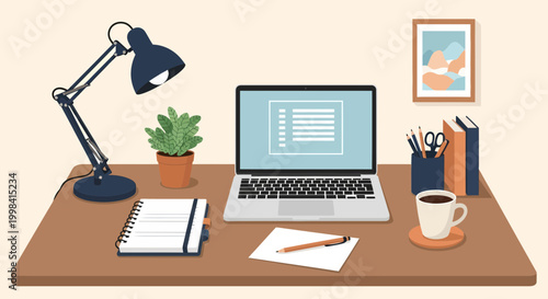 Flat vector illustration of a tidy workspace with an open laptop, adjustable navy desk lamp, potted plant, spiral notebook, coffee cup, books, stationery, and framed wall art.