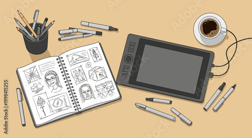Overhead view of a creative artist's workspace featuring a digital graphics tablet, an open spiral sketchbook with hand-drawn character sketches, various drawing pens, pencils, and a coffee cup.