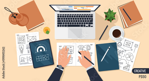 Flat lay vector illustration of a designer's desk featuring hands sketching, a laptop, digital tablet, coffee, plant, and paper prototypes for UX/UI website planning.