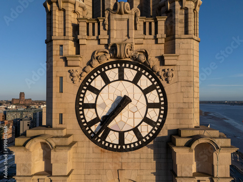 Closeup of clock face and cathedral in Liverpool, England 