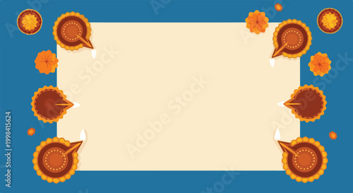A festive Diwali-themed vector illustration featuring lit diyas and marigold flowers bordering a central blank space for greetings.