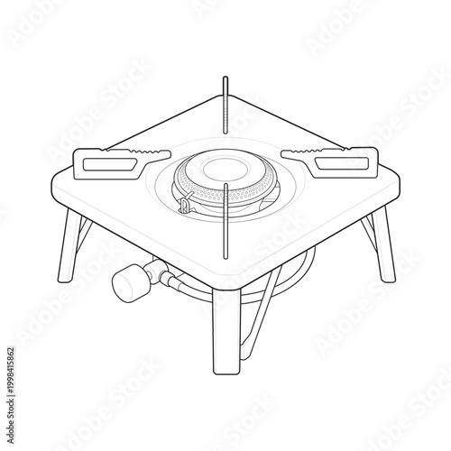 Isometric single burner camp stove linear drawing for equipment instruction manual