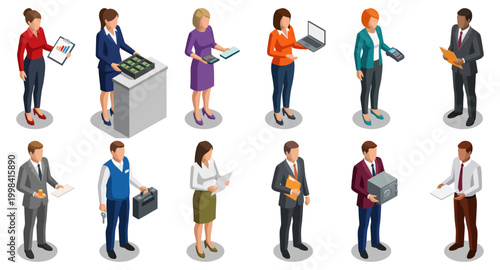 Banking and financial services staff members standing in professional office uniforms | set of corporate character illustrations in isometric style