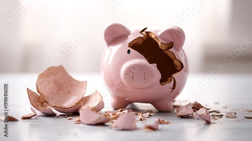 Pink piggy bank shattered on a white surface. Cracked porcelain fragments scatter nearby. Light floods the scene from behind. Symbol of financial loss or unexpected expense