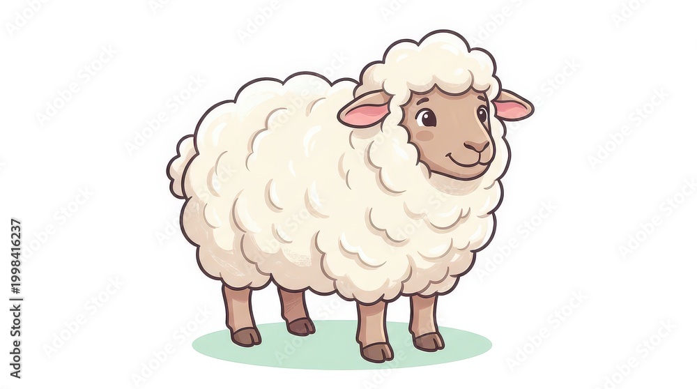 Obraz premium Cute cartoon sheep illustration with fluffy wool, standing on green grass against a white background