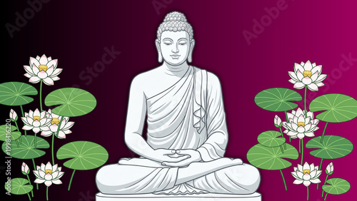 Lord Buddha Meditating in Lotus Position with Pink Lotus Flowers for Mindfulness and Spiritual Wellness Vector Illustration
