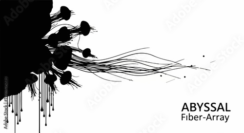 Abstract dark shapes with flowing lines against a white background evoking deep sea life