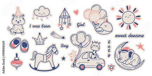 A large set of hand-drawn doodle-style scrapbooking stickers for baby's birthday and first year of life. Maternity concept. Cute vector design