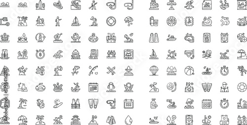 Comprehensive water activities line art icon collection featuring swimming, rafting, snorkeling, diving, and aquatic sports symbols in editable stroke vector style.