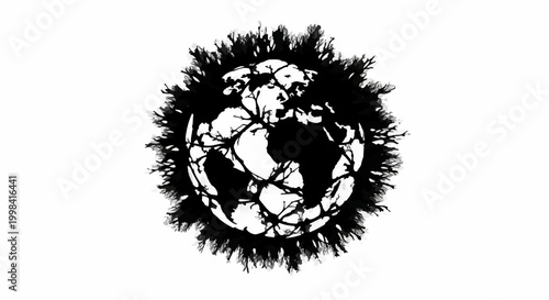 Abstract illustration of a distressed planet Earth with dark energy bursting outwards.