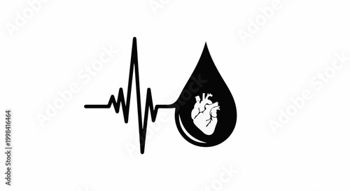 Heartbeat line connecting to a drop of blood with a heart inside, symbolizing life and health.