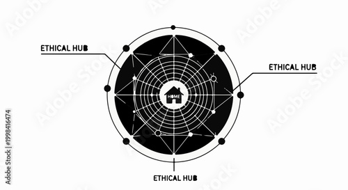 Abstract circular network illustrating ethical hubs and interconnected data flow.