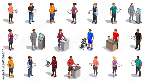 Fitness and gym front desk staff working at sports facility | set of athletic club team members in isometric style