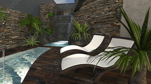 Tropical luxury outdoor spa with waterfall, loungers, and natural stone accents