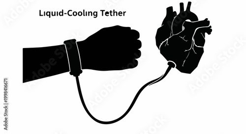 Futuristic concept of a liquid-cooling tether connected to a human heart, symbolizing advanced technology and life support.
