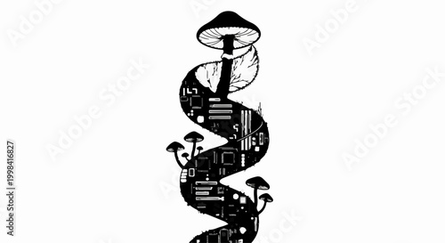 Surreal mushroom spiral merging nature and technology in monochrome